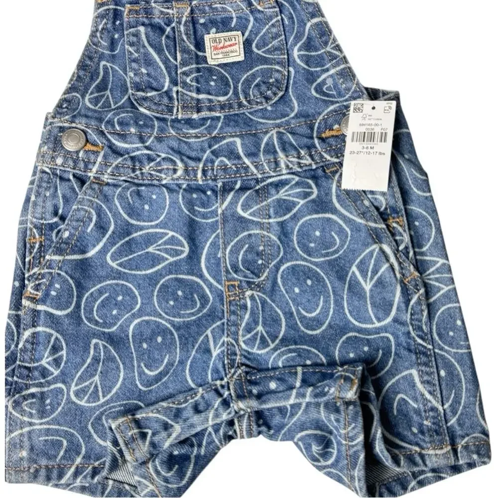 Old Navy Baby Smiley Face Print Denim Blue Kids Overalls Sz 3-6M NWT
